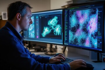 Biotech researcher using advanced computer software to design synthetic biological materials