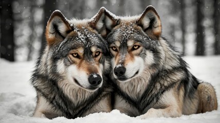 Obraz premium Wolves cuddling in the snow black and white 