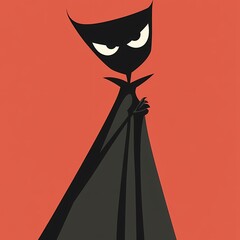 A black silhouette of a mysterious figure with a cape standing against a red background.