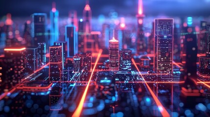 Fototapeta premium A futuristic cityscape at night, illuminated with neon lights, shows advanced urban development and smart city technology.