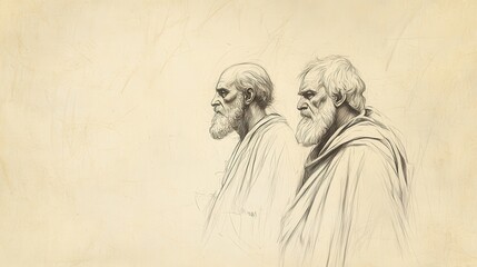 Fototapeta premium Biblical Illustration: A Wise Man and Fool Walk Side by Side, Observing the World in Ecclesiastes, Highlighting the Burden of Wisdom on a Beige Background