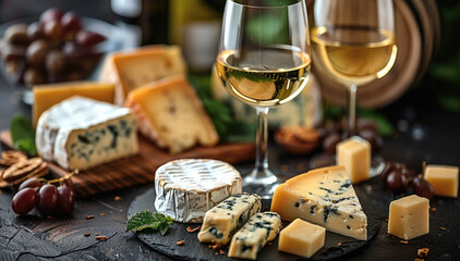 The elegance of wine glasses paired with a selection of artisanal cheeses on a matte black background. Generative AI.