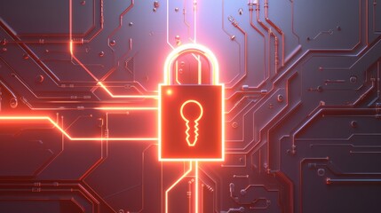 A glowing padlock icon is prominently displayed on a futuristic circuit board, symbolizing cybersecurity and data protection. The vibrant red light highlights the importance of secure digital systems.