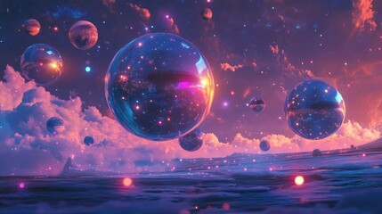 Naklejka premium Floating geometric spheres radiating colored lights, flowing peacefully in a dreamlike sky, creating a surreal scene