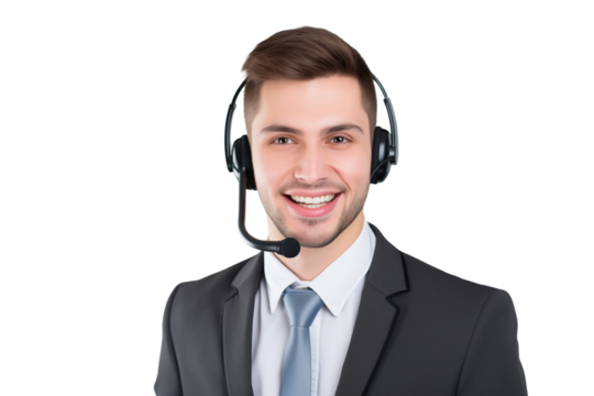 Call center male agent smiling handsome businessman wearing a suit and headset isolated on a transparent background