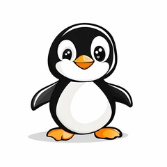 Fototapeta premium Cute cartoon penguin with big eyes and orange beak standing on a white background.