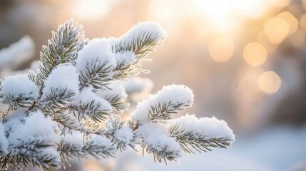 Naklejka premium Close-up of a Snow Covered Pine Branch in the Winter Sunlight