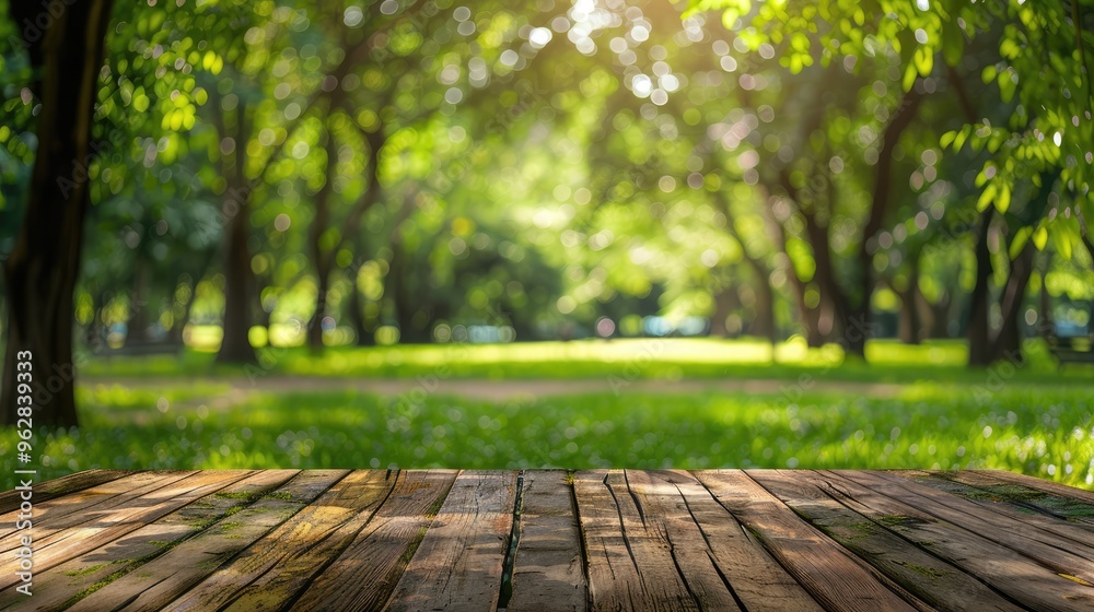 Sticker Green park in summer with blurred background, wood table top on shiny green bokeh for product display