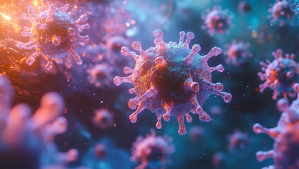 Fototapeta premium A close up of a virus with a pinkish hue. The virus is surrounded by a blue background
