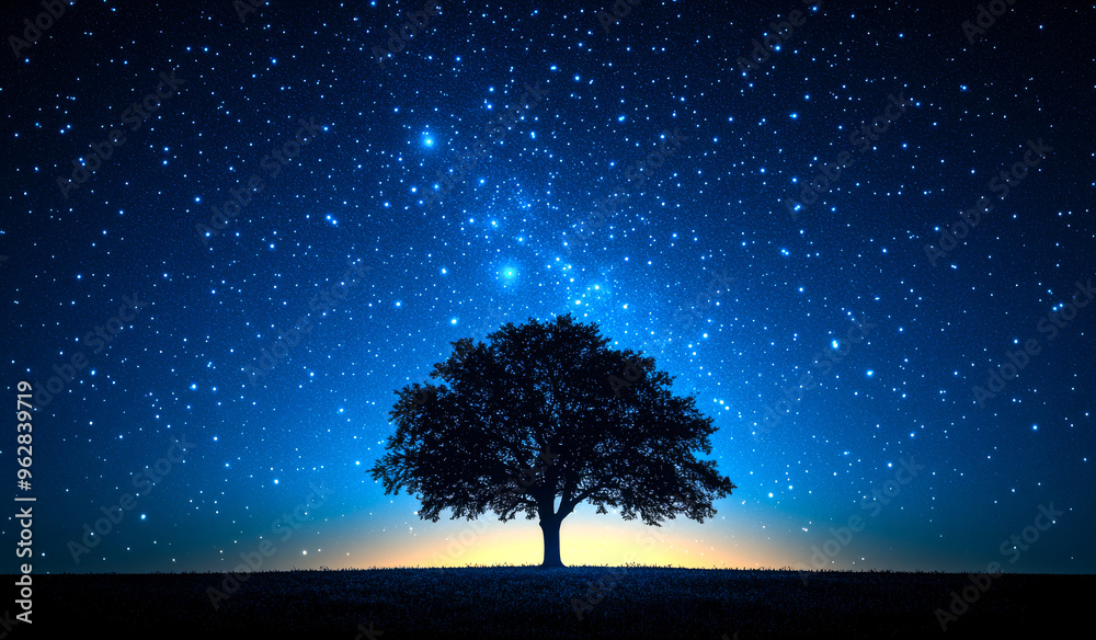 Canvas Prints a tree is standing in a field of stars. the sky is dark and the stars are shining brightly