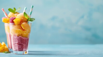 Obraz premium A vibrant rainbow sorbet with layers of mango, raspberry, and lime flavors.