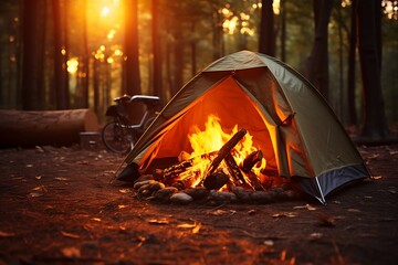 Camping in the forest at night with a bonfire and a tent