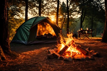 Camping in the forest at night with a bonfire and a tent