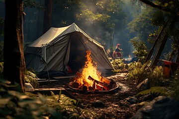 Camping in the forest at night with a bonfire and a tent