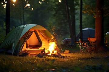 Camping in the forest at night with a bonfire and a tent