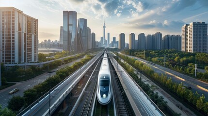 Fototapeta premium Photo of the high-speed rail network interface, showing the seamless integration of magnetic technology across the urban landscape.