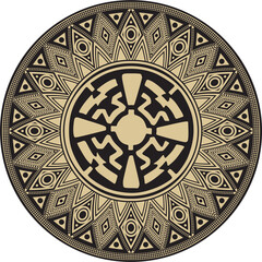 Native American vector round gold with black pattern. Geometric shapes in a circle. National ornament of the peoples of America, Maya, Aztecs, Inca