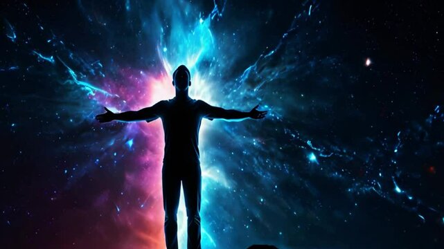 Silhouette of a person floating in the night sky, man standing on rock with wide open arms while abstract galactic light rays spread around him generative AI