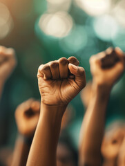 A close-up view of fists raised by people of various ethnic backgrounds, symbolizing strength, struggle, and a united spirit of solidarity.