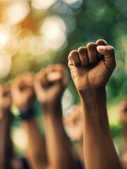 A close-up view of fists raised by people of various ethnic backgrounds, symbolizing strength, struggle, and a united spirit of solidarity.