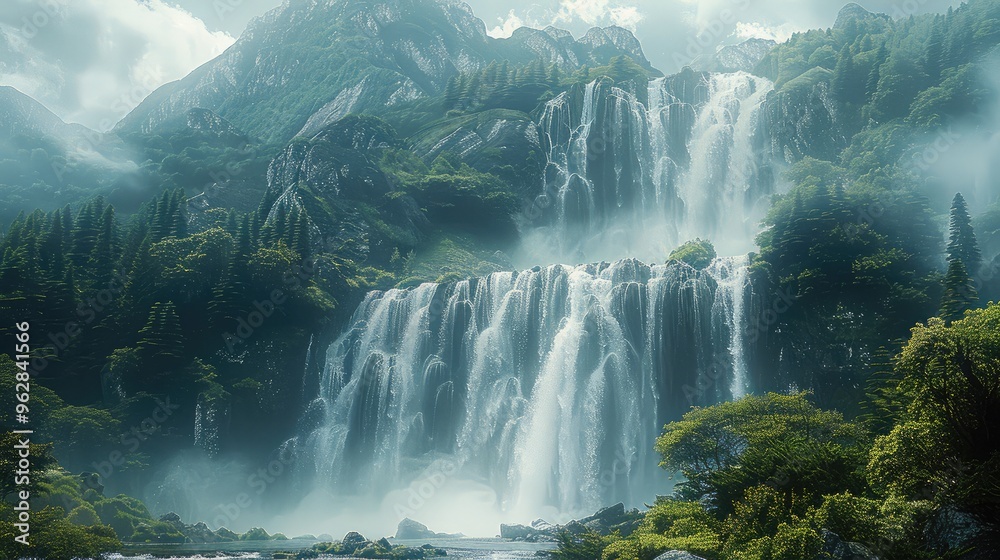 Poster in the distance, there is an ethereal white waterfall on top of mountain. generative ai.