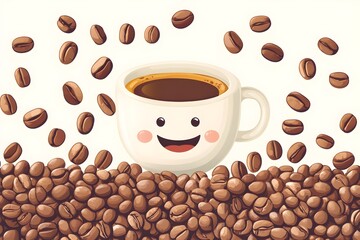 A cartoon cup with a smiley face is surrounded by coffee beans