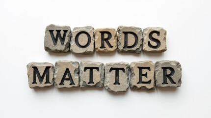 Words matter carved in stone letters on white background