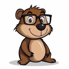 A cartoon illustration of a brown bear wearing glasses and smiling.