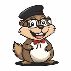 A cartoon illustration of a happy, smiling groundhog wearing glasses, a beret, and a red bowtie.