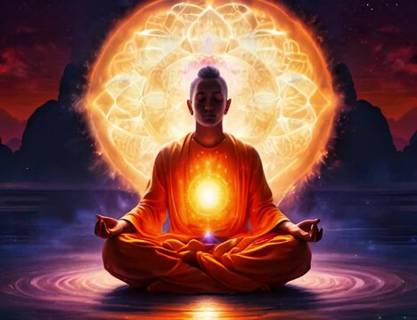 Young Buddhist monk doing yoga meditation in a spiritual realm while light glows from his heart and lotus flower chakra grows behind his head generative AI
