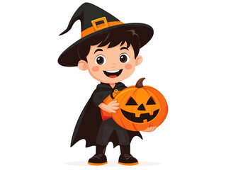 Cute boy in Halloween costume, holding a carved pumpkin, art with transparent background