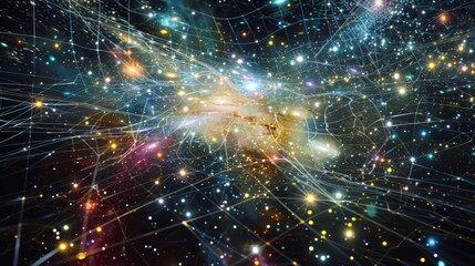 Fototapeta premium A photograph of a holographic universe as seen through a cosmic projection lattice that connects galaxies and phenomena.