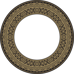 Vector round gold with black border, frame, Pompeii ring. Circle Neopolitan ornament. Art of Ancient Rome