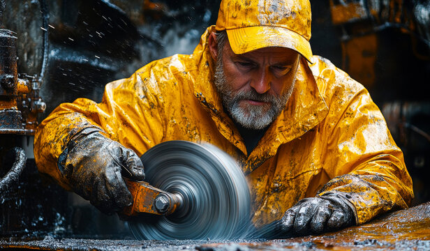 A man in a yellow raincoat is using a circular saw to cut a piece of wood. The man is wearing gloves and a yellow hat. The scene is set in a wet environment