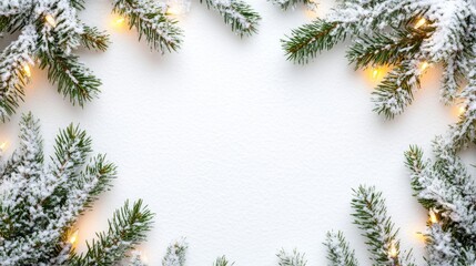 Snowy Evergreen Branches with Twinkling Lights Creating Festive Winter Frame