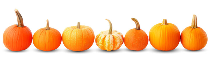 A row of different pumpkins in a row as a decorative frame. Background white isolated