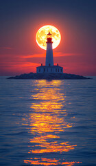A lighthouse is lit up by the moon and the sun. The moon is in the middle of the sky and the sun is on the horizon. The lighthouse is on a rock in the water