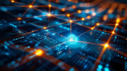 Obraz premium Interconnected cyber cells, quantum computer networks and global electronic data connections serve as an abstract technological backdrop.