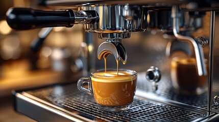 Photo-realistic espresso machine brewing espresso, close-up of coffee flow, detailed crema and machine components, high-definition textures, warm morning light, natural lighting, steam effects