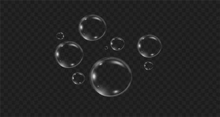 Realistic soap vector bubbles png isolated on transparent background. The effect of falling and flying bubbles. Glass bubble effect