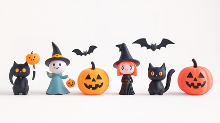 Minimalist 3D Halloween characters including witches, pumpkins, bats, and ghosts in a cute cartoon style on white.