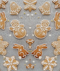 Christmas Gingerbreads. Happy New Year Background. Web Banner. Symmetrical image