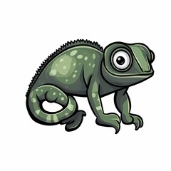 Fototapeta premium Cartoon illustration of a green chameleon with large eyes, sitting on a white background.