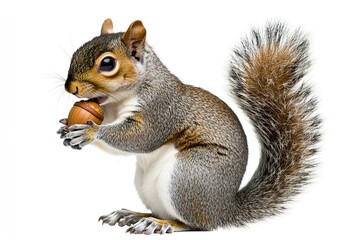 Obraz premium Squirrel holding an acorn with a bushy tail.