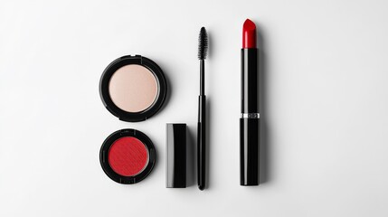 Beauty product set with lipstick, compact powder, brush, and mascara on white background