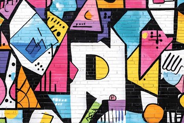 Colorful geometric abstract graffiti on a brick wall.