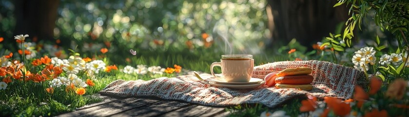 Highly Detailed 3D Spring Coffee Picnic Scene Featuring Fresh Coffee, Picnic Blanket, and Vibrant Floral Surroundings