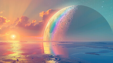 Moon and Rainbow Harmony, a harmonious where the moon and a rainbow converge. Generative AI.