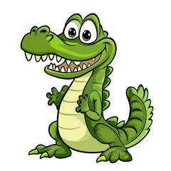 Fototapeta premium A cartoon crocodile with a toothy grin, big eyes, and a green body with yellow accents, standing on a white background.