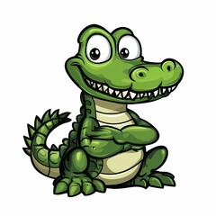 Fototapeta premium A cartoon alligator with a toothy grin sits with its arms crossed.
